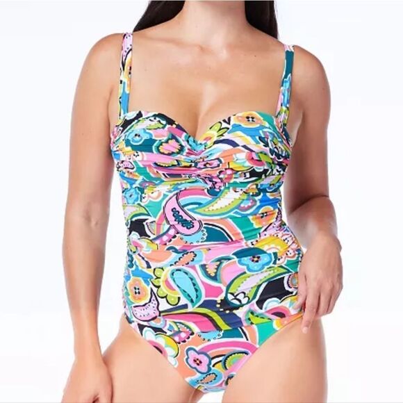 Bleu Rod Beattie Paisley Floral Print Shirred Bandeau One Piece Swimsuit sz 10 - Picture 13 of 16